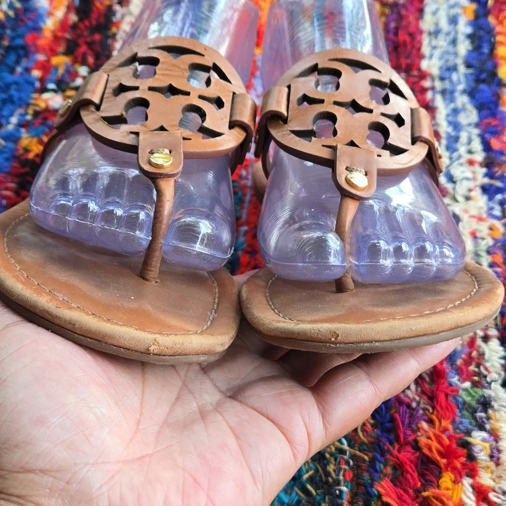 Tory Burch Cognac Brown Leather Miller Medallion Slip-on Flip Flop Sandal - Picture 5 of 17